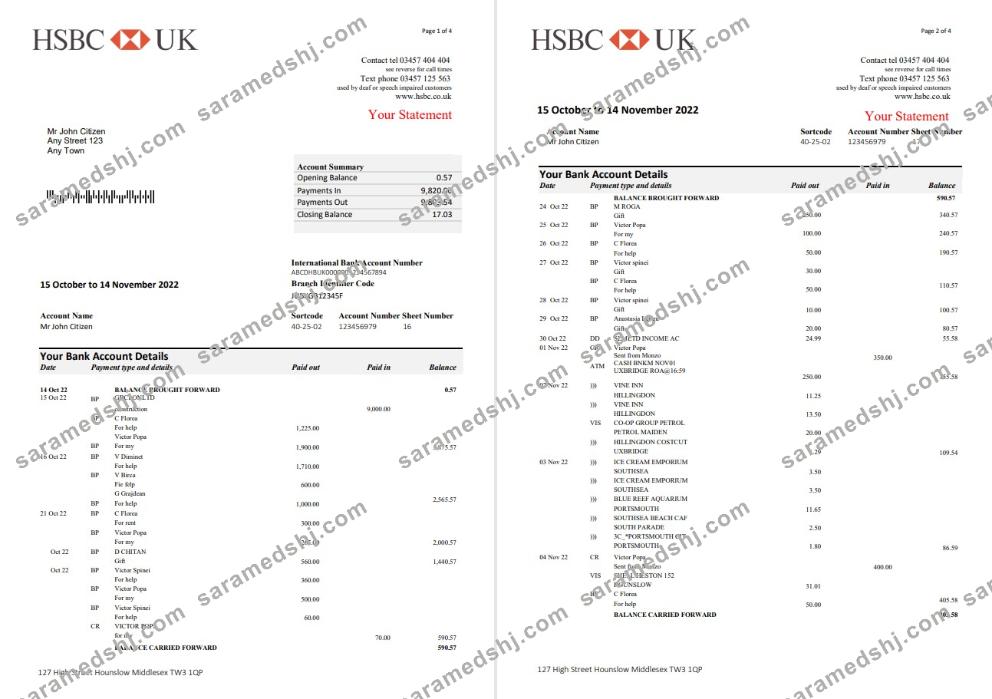 United Kingdom HSBC bank statement, Word and PDF template, 5 pages